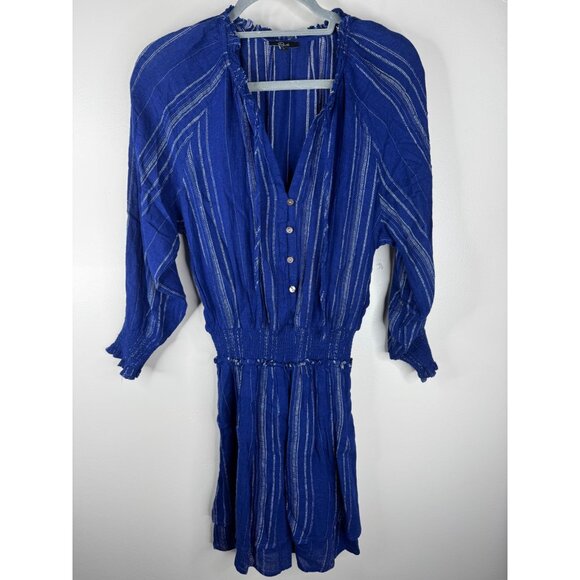 NEW Rails Crystal Dress Linen Blend Blue White Noja Stripe Smocked Size S - Picture 4 of 6
